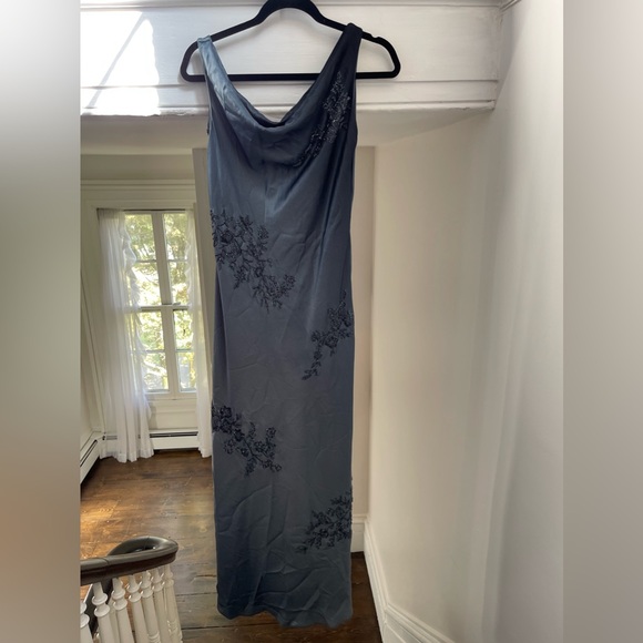 T. CAROYLN TEAL BEADED DRAPED NECK GOWN SZ 14 - Picture 2 of 3